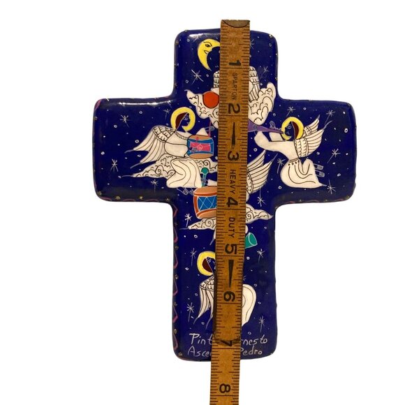 Mexican Talavera Pottery Blue Wall Cross With Angels Playing Instruments - Picture 5 of 6